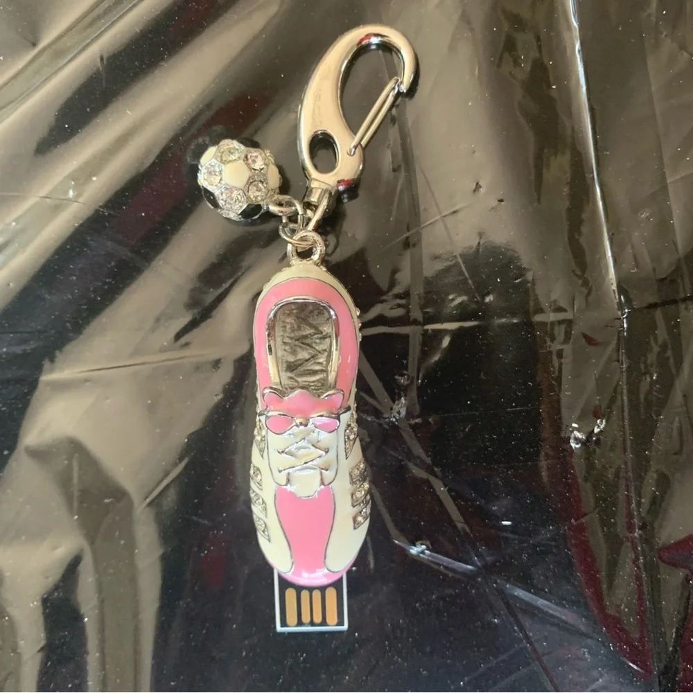 Keychain Charm with USB storage as Soccer Clit Pink and Silver.